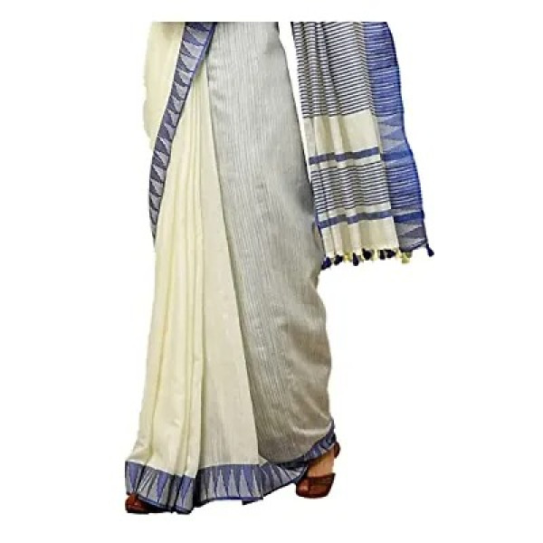 GR-Temple Kota Silk Ethnic Wear Blue Border Saree For Women With Running Blouse (Beige)