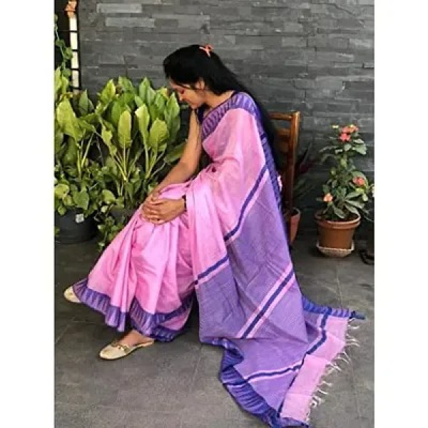 GR-Temple Kota Silk Ethnic Wear Blue Border Saree For Women With Running Blouse (Carnation)