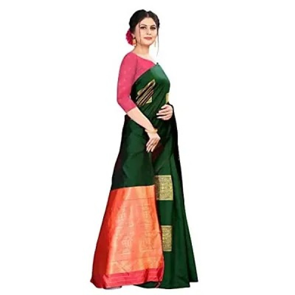 GR-Traditional Women's Kanjeevaram Big Square Pattern Silk Saree Indian Ethnic Designer Wear (GREEN)