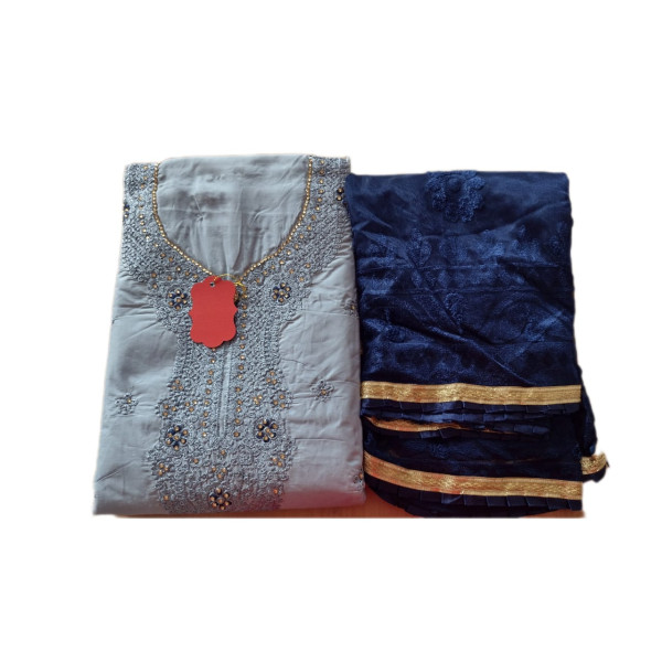 Grey with Blue Ethnic Wear Embroidery Work Unstitc...