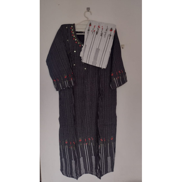 24 Vedic Pure Cotton Polka Dot Embroidered Mirror Work Straight Fit Kurti & Palazzo Set-Black & White,3/4 sleeve|| Ready to wear,Attire||
