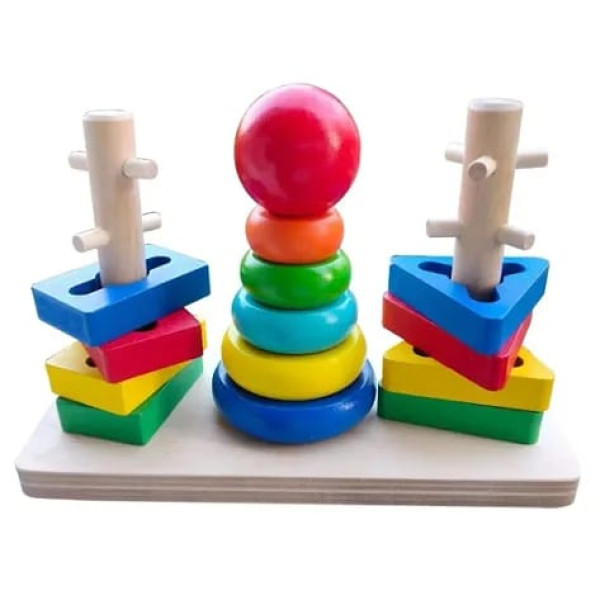 GR-Wooden Shape Color Recognition Sorting Stacking Block Puzzle for 3-6 Year Olds Classic Wooden Rainbow Column Tower Stacking Rings Toy