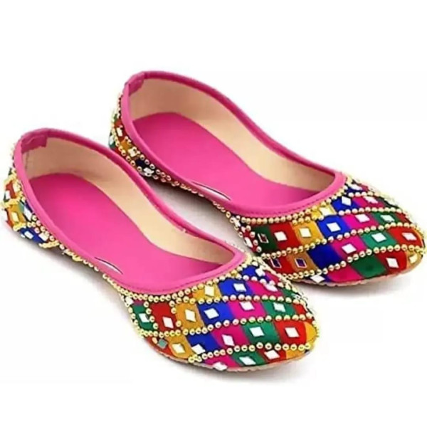 GR-Traditional Jutis/Mojari/Belly Bellies for Women Modal Mojari Women Girls' Ethnic Shoes | Punjabi Jutti | Nagra -(Mulicolour,Pink)