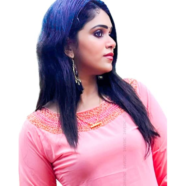 24 VEDIC Women's Faux Georgette Kurti with Lining & Neck Hand Work Kurta (Ready to Wear, Reddish Peach)-40  Premium Product