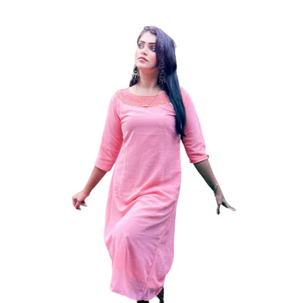 24 VEDIC Women's Faux Georgette Kurti with Lining & Neck Hand Work Kurta (Ready to Wear, Reddish Peach)-40  Premium Product