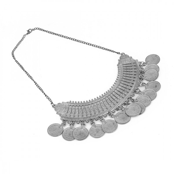 Antique Oxidized Alloy Tribal Design Coin Necklace-Silver [Low Budget Prouct]