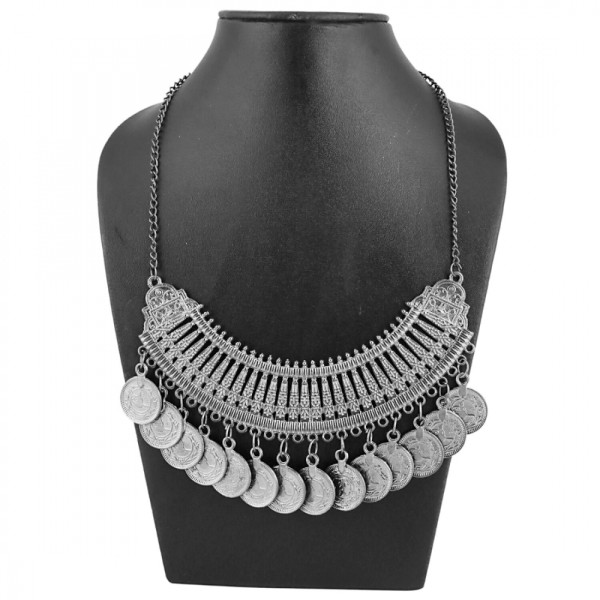 Antique Oxidized Alloy Tribal Design Coin Necklace-Silver [Low Budget Prouct]