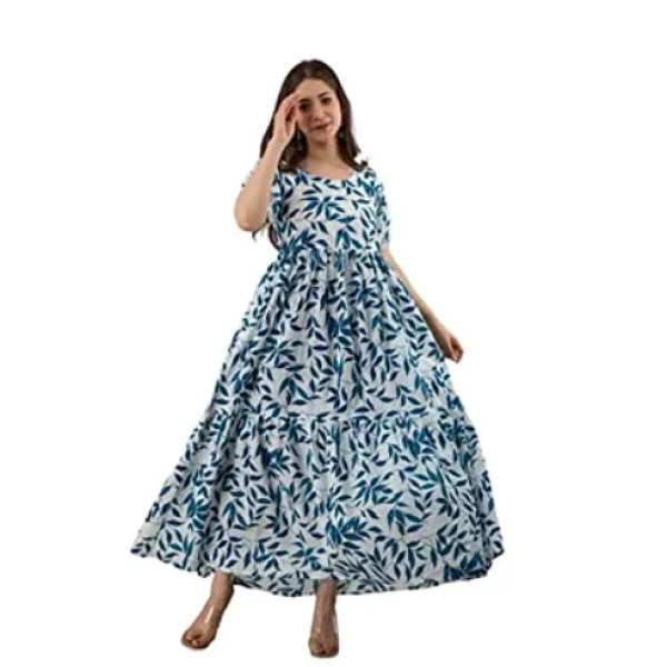 Beautiful Printed Full Flair Anarkali Kurta light Blue Rayon Kurti Set Pack of 1 ( Low Budget Product )