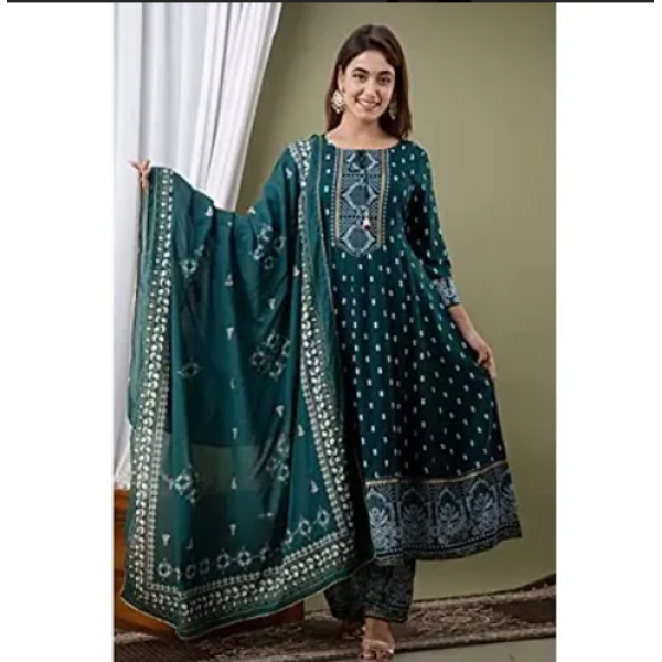 Beautiful Anarkali Printed  Fashionable Full Kurta/Plazzo/Dupatta Assorted Rayon Kurti Set Pack of 1 ( Low Budget Product )