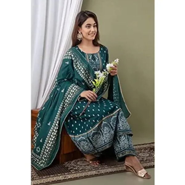 Beautiful Anarkali Printed  Fashionable Full Kurta/Plazzo/Dupatta Assorted Rayon Kurti Set Pack of 1 ( Low Budget Product )