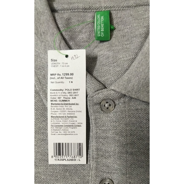 Polo Collar Short Sleeves Branded T-shirt for Men (GREY) | UNITED COLOURS OF BENETTON