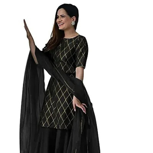 Black Rayon Royal Kurta ,Bottom and Dupatta for Beautiful  Indian Women  Pack of 1  (Low Budget Product )