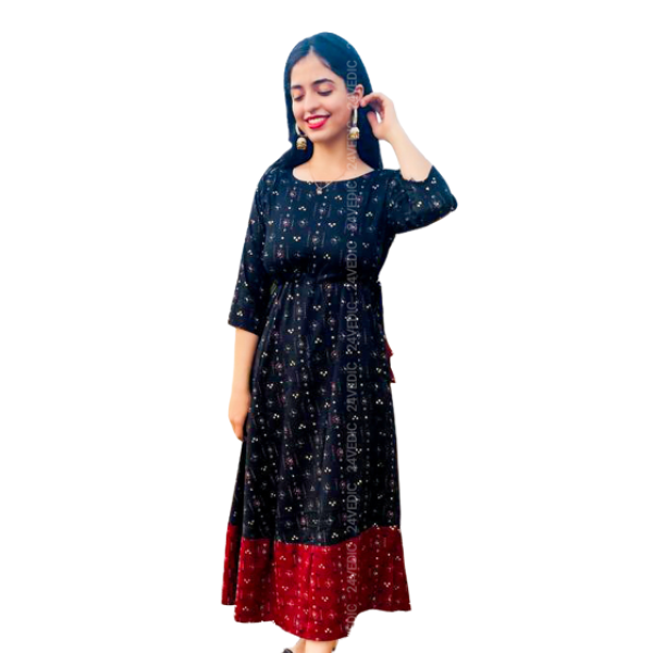 24 VEDIC Women's Cotton Rayon Stitched Kurti with Foil Print (Ready to Wear, Black) Premium Product