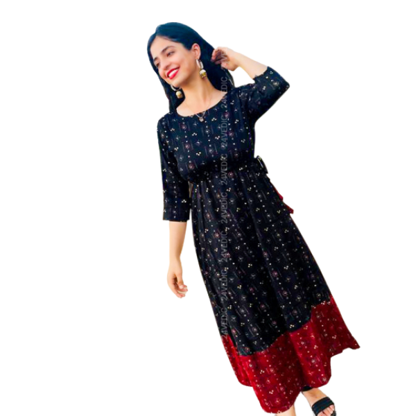 24 VEDIC Women's Cotton Rayon Stitched Kurti with Foil Print (Ready to Wear, Black) Premium Product