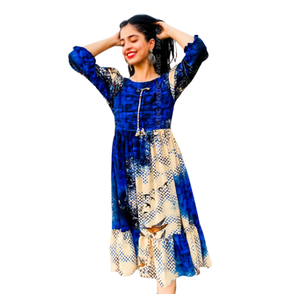 24 VEDIC Women's Casual Printed Quality Georgetee Kurti with Lining Round Neck & 3/4th Sleeve (Ready to Wear, Blue) 40 Premium Product
