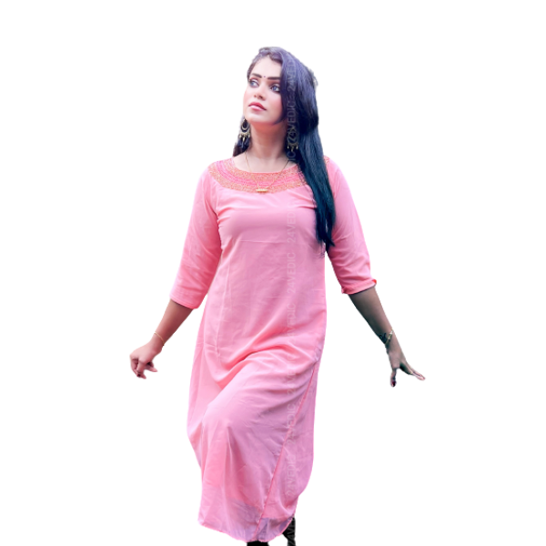 24 VEDIC Women's High quality Faux Georgette Kurti with Lining & Neck Hand work Round Neck & 3/4th Sleeve (Ready To Wear, Pink) Premium Product