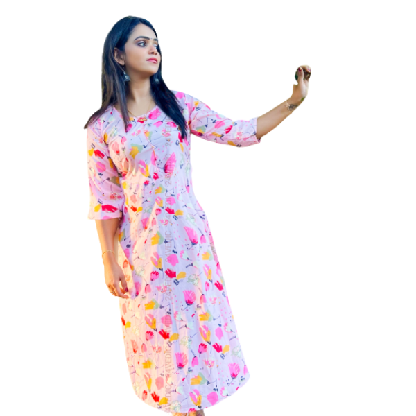 24 VEDIC Women's Quality American Crepe Kurti Without Lining Round Neck & 3/4th Sleeve (Ready to Wear, Pink) Premium Product