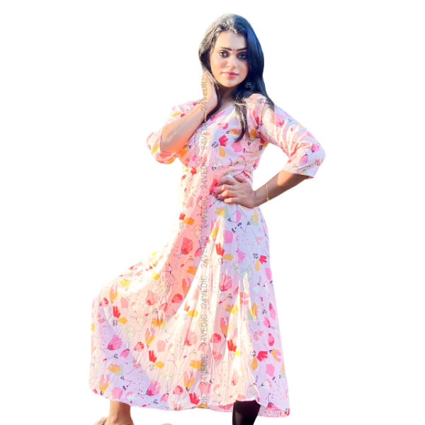 24 VEDIC Women's Quality American Crepe Kurti Without Lining Round Neck & 3/4th Sleeve (Ready to Wear, Pink) Premium Product