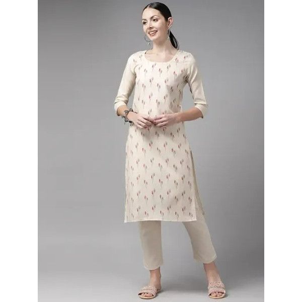 GR-Stylish Aarika Women's Cream Color Cotton Kurti Pant Set [Low Budget Product]