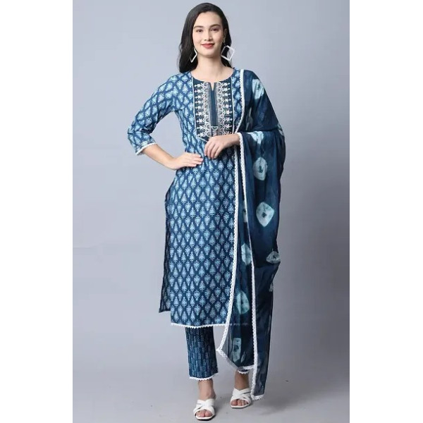 GR-Stylish Blue Cambric Cotton Kurta Bottom Dupatt...