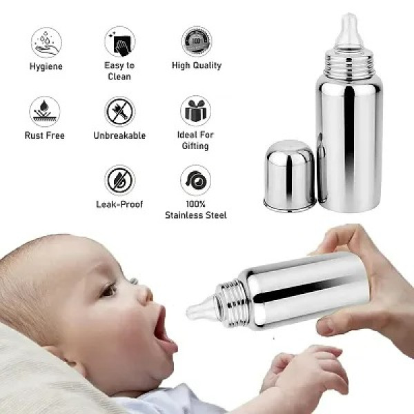 GR-Stainless-Steel 302 GRADE Absolute Light Weight Clean Design - 250 ML (P) Baby Milk Feeding Bottle [Premium Product]